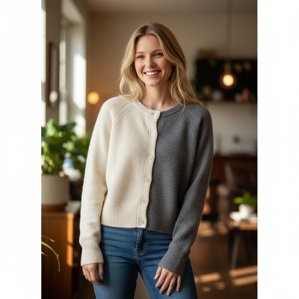 NWT Harper Lane Women's 100% Cashmere Colorblock Cardigan Soft Warm Quiet Luxury